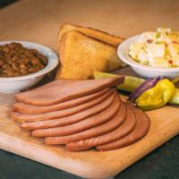 Smoked Bologna Dinner · Includes 2 Sides, Pickle, Pepper, Onion, Texas toast and BBQ Sauce