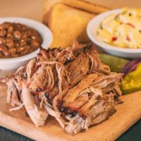Smoked Pulled Pork Dinner · IIncludes 2 Sides, Pickle, Pepper, Onion, Texas toast and BBQ Sauce