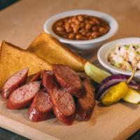 Smoked Polish Sausage Dinner · IIncludes 2 Sides, Pickle, Pepper, Onion, Texas toast and BBQ Sauce