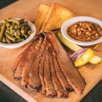 Brisket Dinner · Chopped or sliced brisket. Includes 2 Sides, Pickle, Pepper, Onion, Texas toast and BBQ Sauce