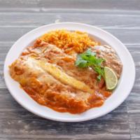 Enchiladas Rojas · 2 red enchiladas with cheese, chicken or shredded beef.