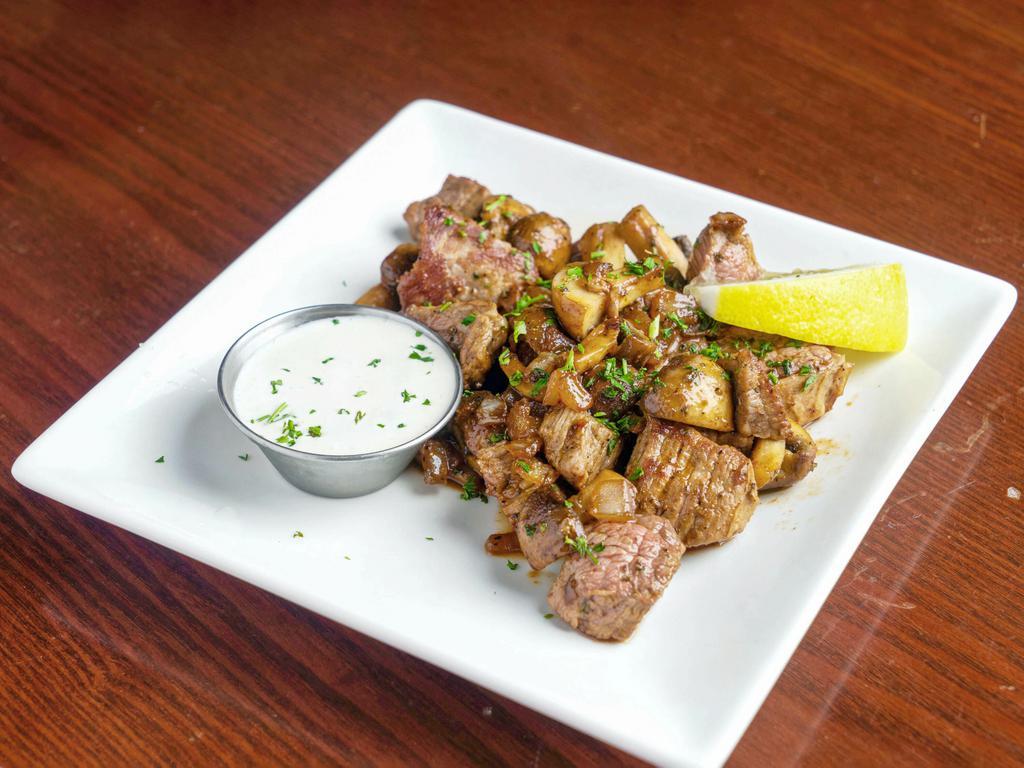 Steak Bites · with grilled onion & mushrooms. Served with horsey blue cheese