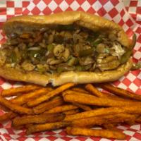 11. Veggie Cheesesteak · Sweet peppers, sauteed onions, mushrooms, bell peppers and cheese.