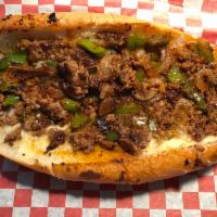 13. Overbrook Cheesesteak · Chopped ground beef, bell peppers, sauteed onions, cheese and tony's sauce.