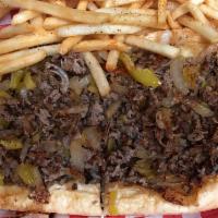 15. Broadstreet Cheesesteak Combo · Steak, mushrooms, banana peppers, sauteed onions, jalapenos and cheese. Comes with regular f...
