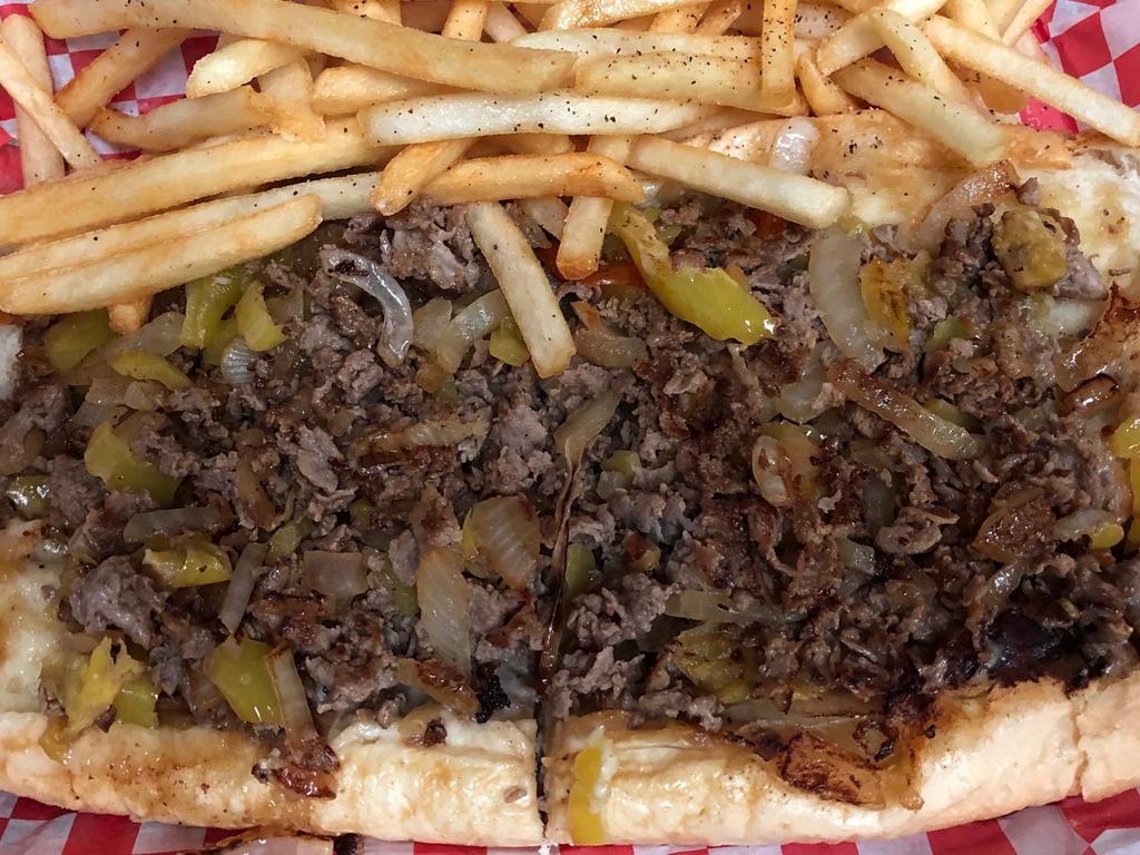 15. Broadstreet Cheesesteak Combo · Steak, mushrooms, banana peppers, sauteed onions, jalapenos and cheese. Comes with regular fries and choice of drink.