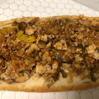 16. Riverfront Cheesesteak · Chicken, mushrooms, banana peppers, sauteed onions, jalapenos and cheese.