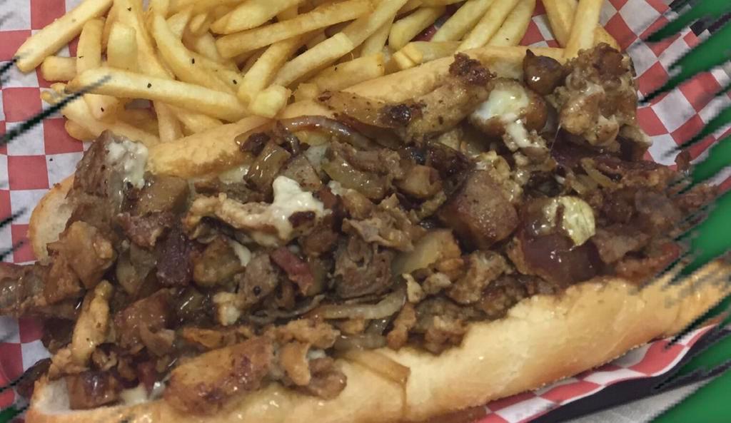 21. Kelly Drive Cheesesteak Combo · Steak, bacon, Italian sausage, chicken, sauteed onions, extra cheese and regular or spicy mozzarella sticks. Comes with regular fries and choice of drink.