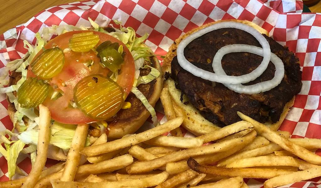 Black Bean Burger · Comes with mayonnaise, ketchup, mustard, pickle, onion, lettuce and tomato. Cheese is optional.