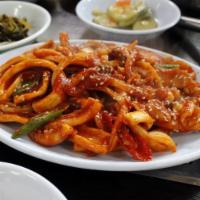 R5. Ojinguh Bok Um · Pan fried squid seared in spicy sauce w/ vegetables