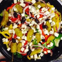 Greek Salad · Romaine lettuce, mixed peppers, onions, tomatoes, pepperoncini, Greek olives, feta cheese an...