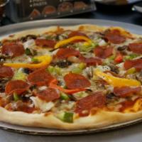 Donati Pizza · Sausage, pepperoni, mushrooms, green peppers and onions.