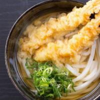 Shrimp Tempura Udon · Tempura Shrimp; Udon noodle; Shoyu broth; Fish cake; Nori and Green Scallions.