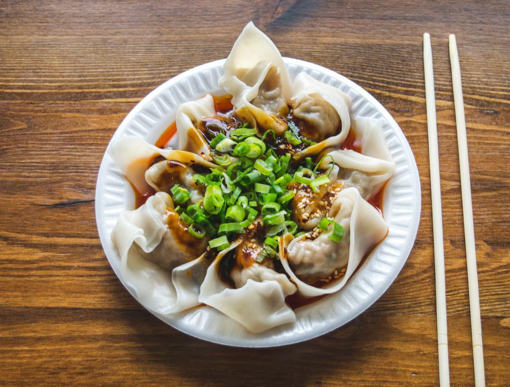 Wonton in Hot Sauce · 8 pieces. Pork and shrimp. Hot and spicy.