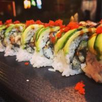 Dragon Roll · Raw. BBQ eel, cucumber, topped with avocado, eel sauce and masago.