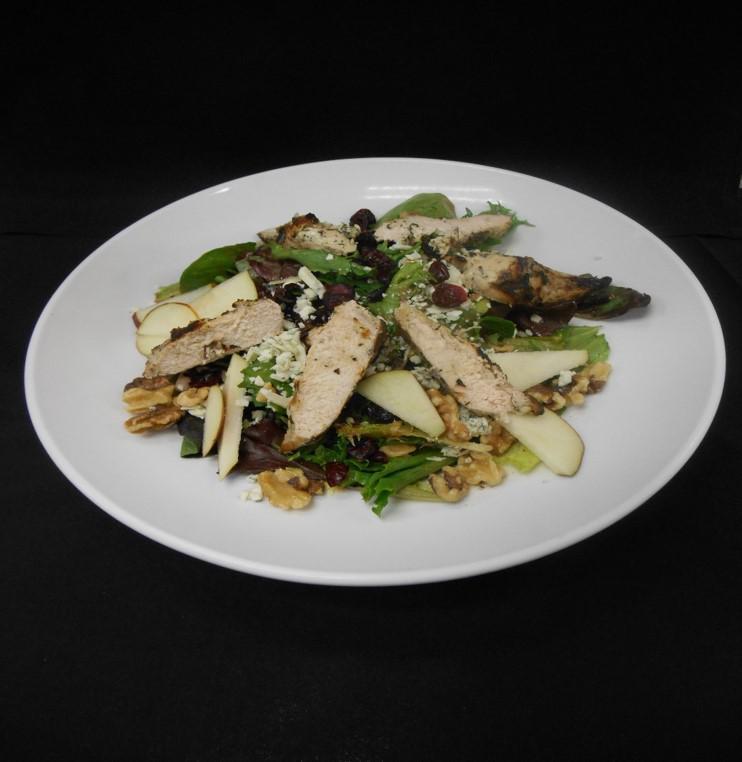 Raspberry Walnut Salad · Grilled chicken, cranberries, blue cheese, pear, and raspberry vinaigrette.