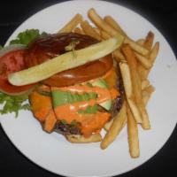 Firestarter Burger · Roasted jalapeno, sriracha mayo, cheddar, avocado, and brioche bun.