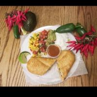 **CHIMICHANGA (FRIED BURRITO)** · Deep Fried Burrito. Choice of Meat, beans, rice, cheese.  Choice of Sides: lettuce, pico de ...