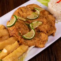 Pescado Frito (Filete) · Filete. Fried fish fillet, served with homemade salad and white rice.
