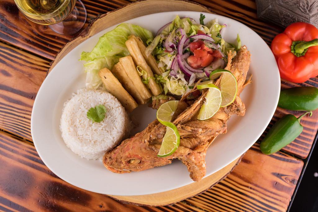 Pescado Entero Pargo (Red Snapper) · Fried whole fish, served with homemade salad and white rice
.