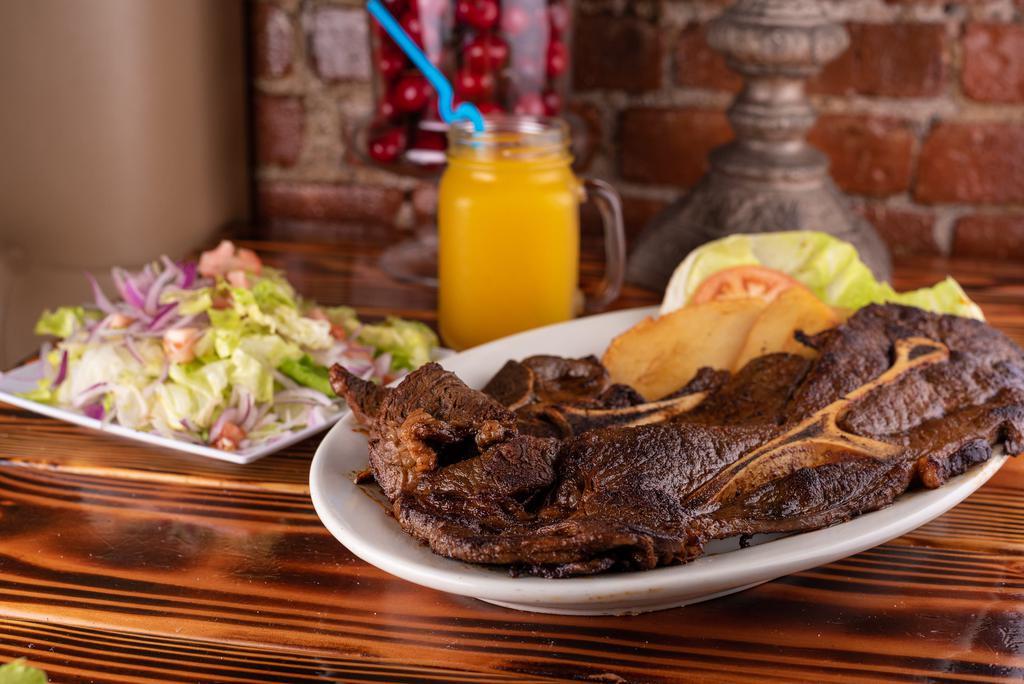 Churrasco ( Chuck Steak ) · Tender chuck steak marinated in our special parrilla sauce and cooked on the grill with your choice of two sides.