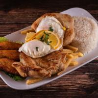 Pechuga A Lo Pobre · Savory seasoned chicken breast with white rice, sweet plantains, French fries and topped wit...