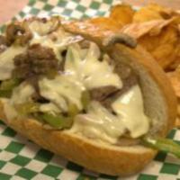 Philly Cheesesteak · Juicy sirloin steak, bell peppers, red onions and mushrooms smothered in our homemade sauce ...