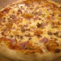 Luau Pizza · Pizza sauce, extra mozzarella cheese, Canadian bacon, Applewood smoked bacon and pineapple.