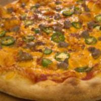 Jalapeno Bacon Cheeseburger Pizza · Pizza sauce, cheddar cheese, seasoned ground beef, Applewood smoked bacon and fresh jalapeno...
