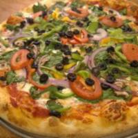 Vegetarian Pizza · Spinach, black olives, red onions, mushrooms, bell peppers, tomatoes.