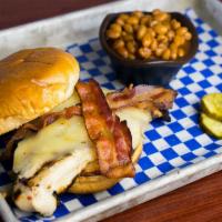 Hickory Chicken Sandwich · Grilled chicken breast topped with Monterey Jack cheese and two strips of bacon. Served with...