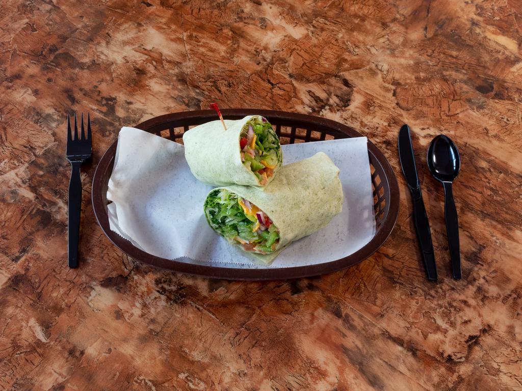 Garden Fresh Wrap · Swiss and cheddar cheese, hummus, cucumber, red and green pepper, lettuce, tomato, onion, sprouts, with oil and vinegar in a spinach tortilla.