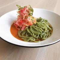 Just Like Paitan · Creamy vegan broth with kale noodles topped with ATX kakiage tempura ball made with onions, ...