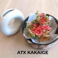 ATX Kakiage · Tempuraed onions, arugula, and beni-shoga seasoned with ao-nori salt. Vegan.