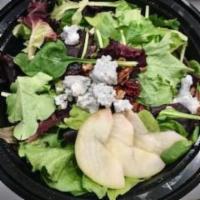 Harvest Salad · Mixed spring greens, apple slices, dried cranberries, blue cheese, and candied walnuts with ...