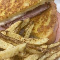 Croque Monsieur Sandwich · Black Forest ham, Gruyere cheese, mornay sauce, on country white bread, or make it croque ma...
