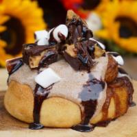 Fluffernutter Roll * · fluffernutter frosting topped with homemade peanut butter cups, marshmallows and chocolate s...