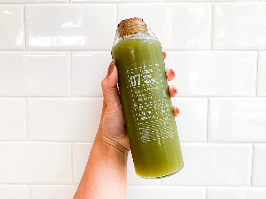 Juice 7 - Lowers Blood Pressure · Cucumber, kale, romaine, mint, lime and agave.