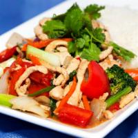 Chicken Stir Fry · Fried in a small amount of very hot oil while being stirred or tossed