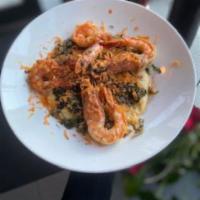 Seared Shrimp · head on pan seared shrimp, persimmon-pecan mole, polenta, swiss chard, sweet potato