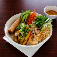Grilled Chicken and Egg Rolls Vermicelli Bowl · All bowls are served with fresh lettuce, herbs, bean sprouts, cucumber, house special fish s...