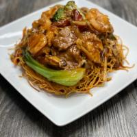 K.O. Noodles · Crispy double pan-fried noodles, bean sprouts, cabbage, broccoli, mushroom, bamboo shoots, b...