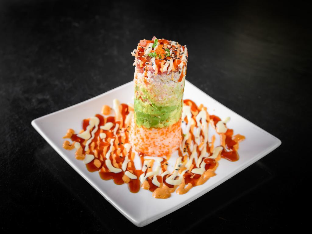 Sushi Tower · Sushi Rice Mixed with Masago,
Avocao,
California Crab Mix,
Spicy Tunan
