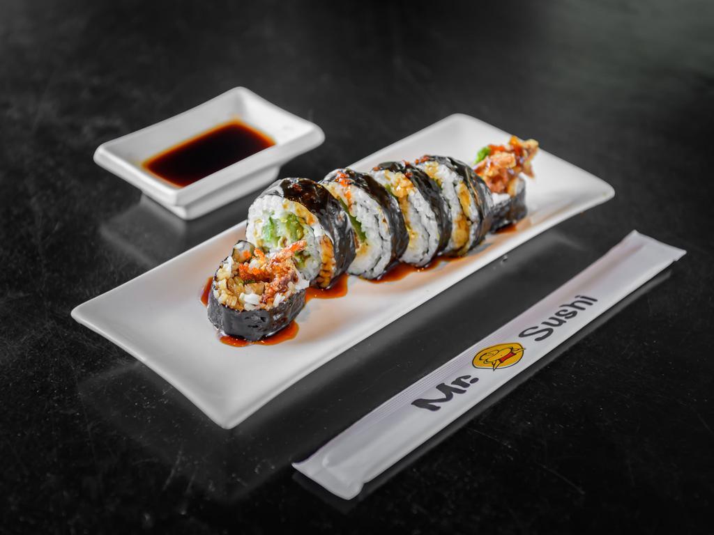 Jumping Spider Roll · Fried soft shell crab, cucumber, cream cheese stuffed jalapeno topped with masago sweet sauce. Spicy.