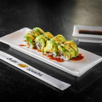 Caterpillar Roll · Eel and cucumber topped with avocado and sweet sauce.