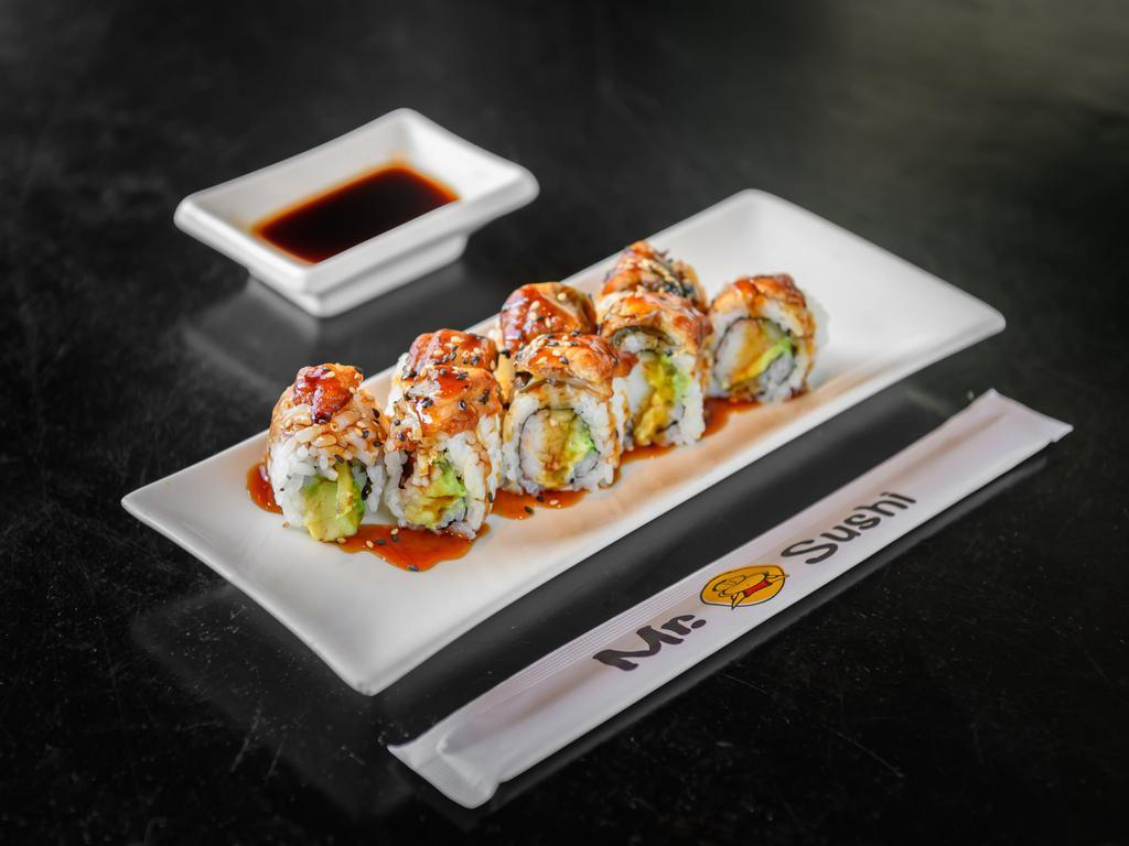 Dragon Roll · Crab, avocado, and cucumber topped with eel sauce.