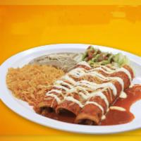 Red Enchilada · 3 enchiladas with rice and beans