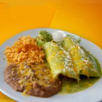 Green Enchilada · 3 enchiladas with rice and beans