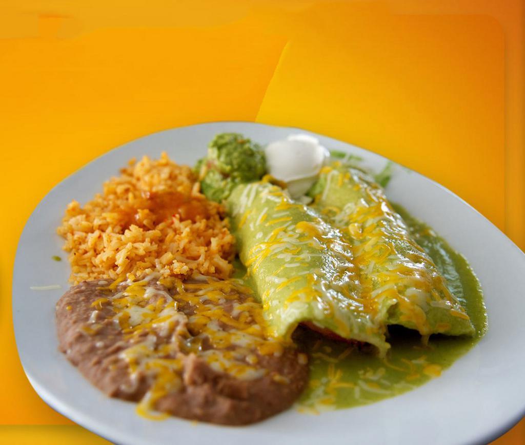 Green Enchilada · 3 enchiladas with rice and beans