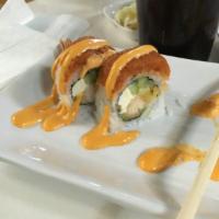 Angry Dragon Roll · In shrimp tempura, cream cheese, cucumber. Out spicy tuna, spicy mayo.